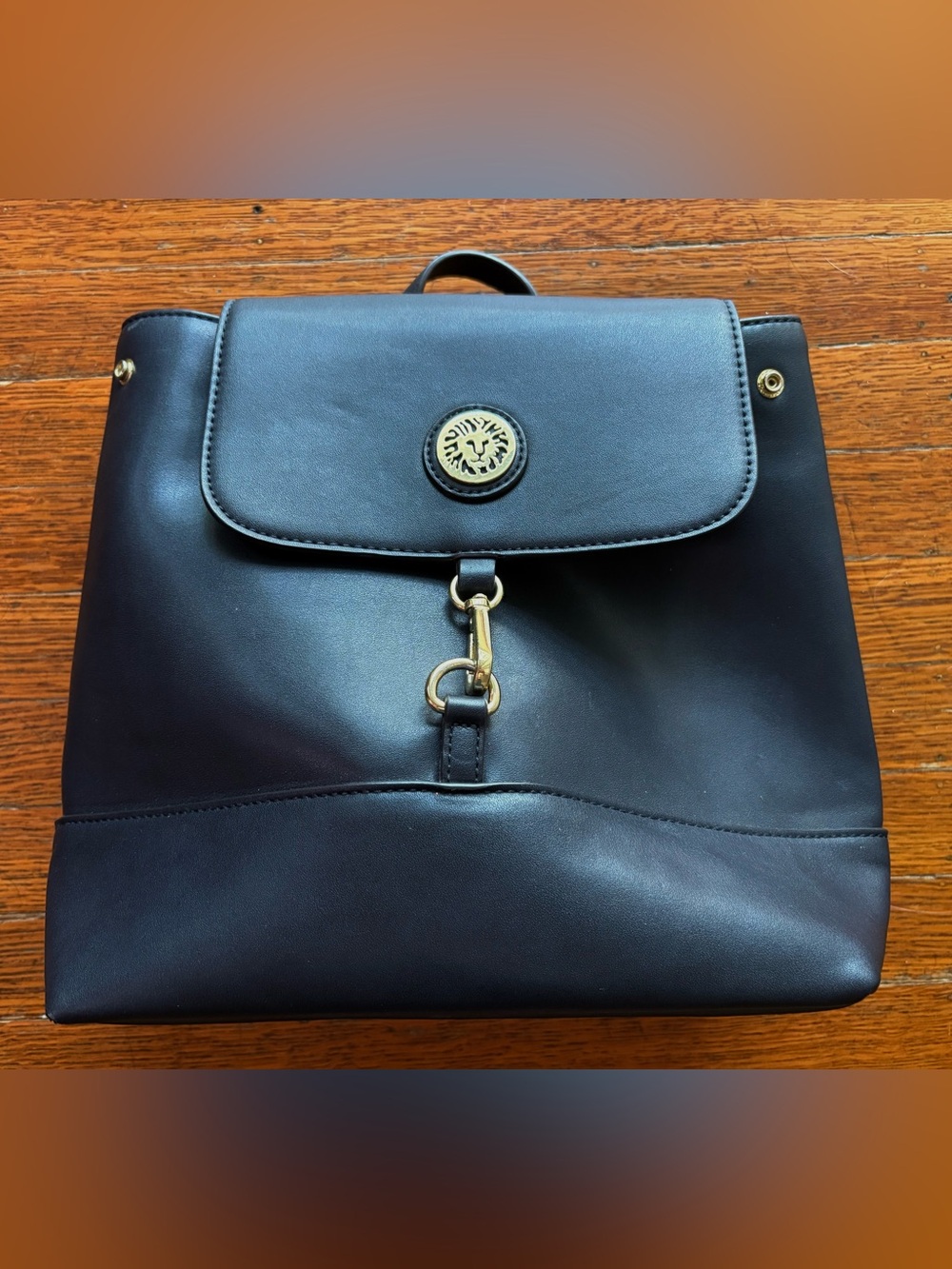 Anne Klein Black Women’s Faux Leather Backpack with Gold Hardware